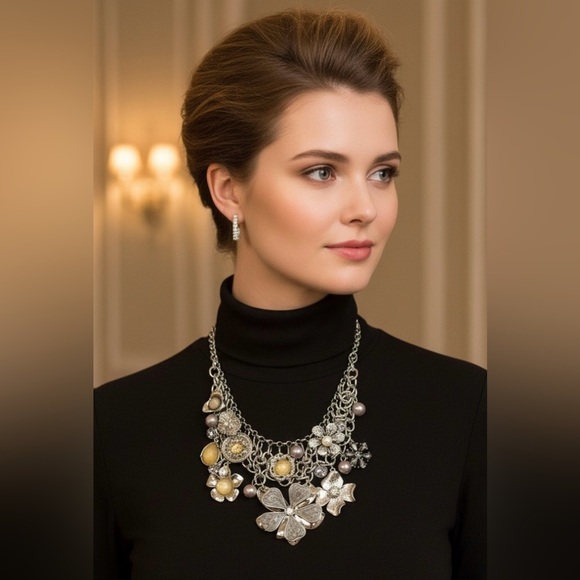 NY Floral Silver Tone Moveable Charms Statement Necklace and Earring Set Signed - Picture 4 of 9